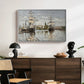 Ships Riding on the Seine at Rouen, 1872 by Claude Monet displayed in a white floater framed canvas above a dark wood credenza in an entryway.