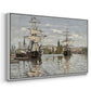 Angled view of Ships Riding on the Seine at Rouen, 1872 by Claude Monet in a white floater framed canvas.