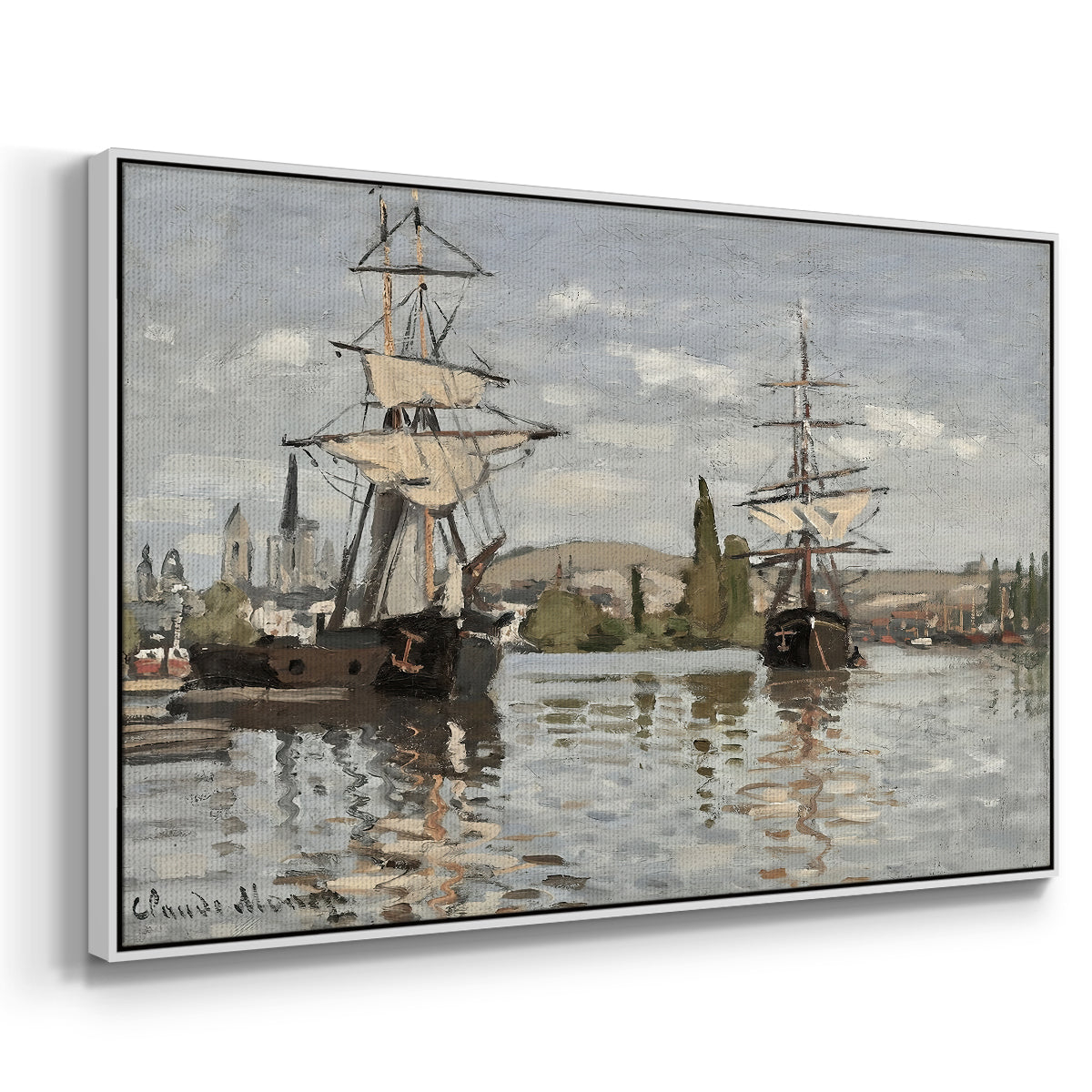 Angled view of Ships Riding on the Seine at Rouen, 1872 by Claude Monet in a white floater framed canvas.