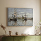 White floater framed canvas of Ships Riding on the Seine at Rouen, 1872 by Claude Monet, featuring an impressionist river scene with anchored sailing ships and reflections above a sideboard in a softly lit hallway.