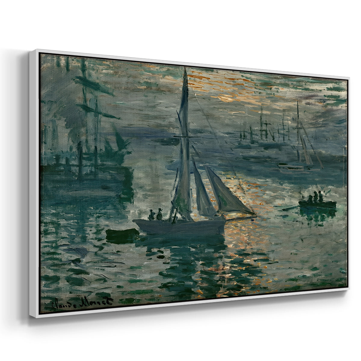 Angled view of Sunrise (Marine), 1873 by Claude Monet in a white floater framed canvas.