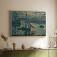 White floater framed canvas of Sunrise (Marine), 1873 by Claude Monet, featuring an impressionist seascape with glowing sun and misty water above a sideboard in a softly lit hallway.