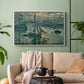 White floater framed canvas featuring an atmospheric ocean view with sun rising through haze, displayed above a sofa in a modern living room.