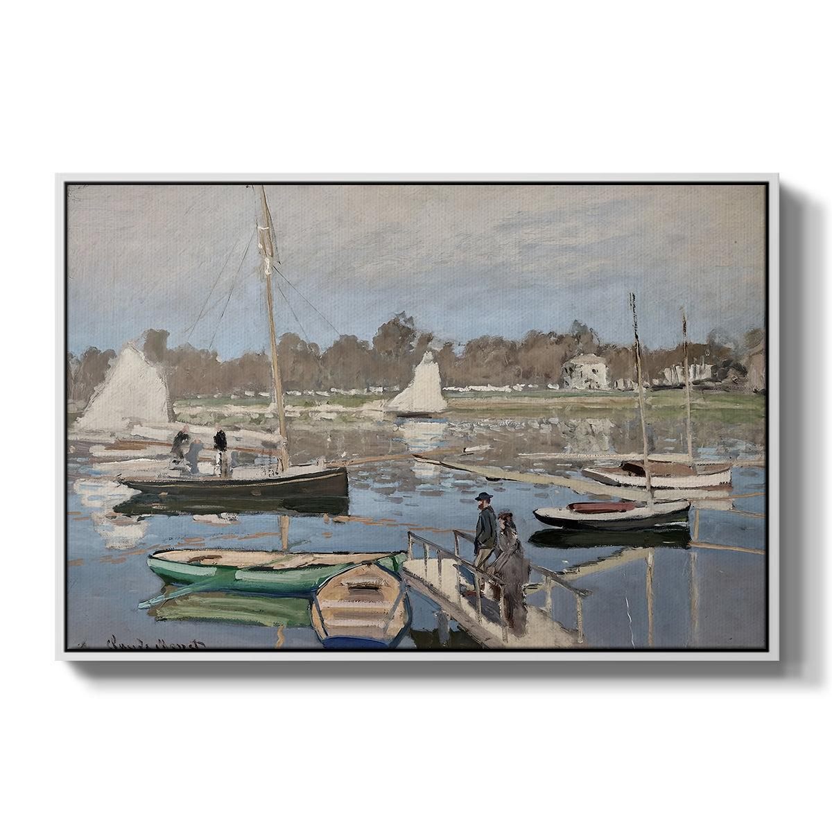 The Basin at Argenteuil, 1874 by Claude Monet in a white floater framed canvas wall art display.