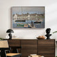 The Basin at Argenteuil, 1874 by Claude Monet displayed in a white floater framed canvas above a dark wood credenza in an entryway.