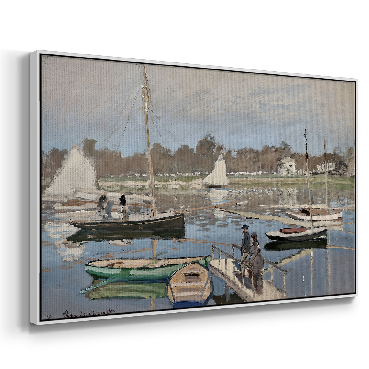 Angled view of The Basin at Argenteuil, 1874 by Claude Monet in a white floater framed canvas.