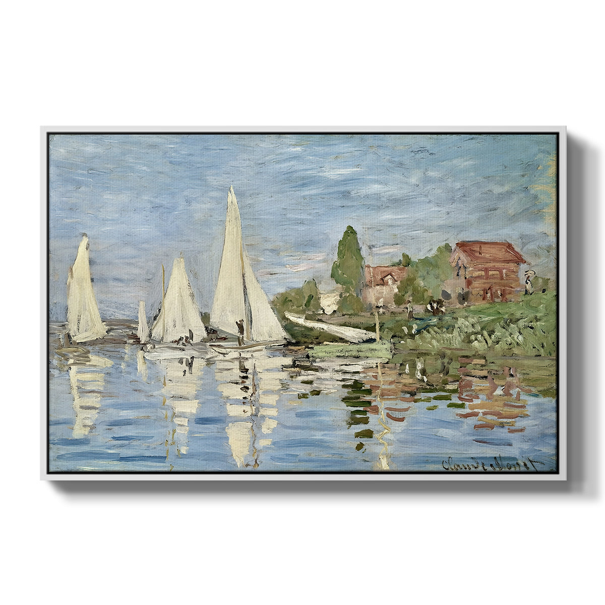 Regatta at Argenteuil, 1872 by Claude Monet in a white floater framed canvas wall art display.