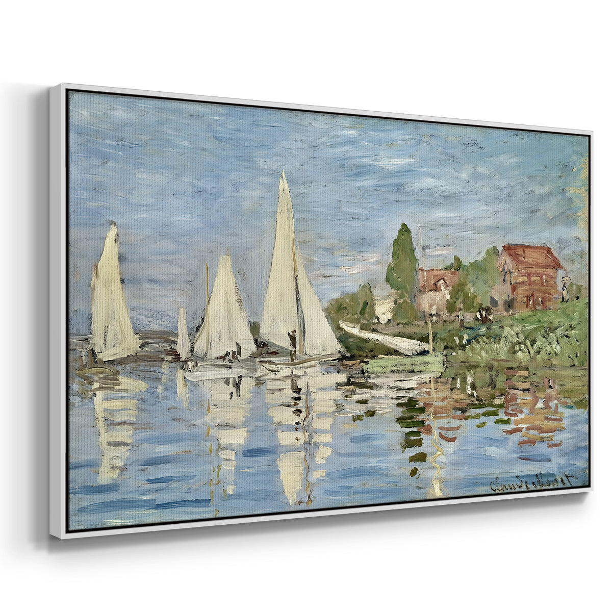 Angled view of Regatta at Argenteuil, 1872 by Claude Monet in a white floater framed canvas.