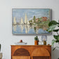 Regatta at Argenteuil, 1872 by Claude Monet in a white floater framed canvas featuring colorful sailboats racing across river under bright sky, displayed above a wood console cabinet.