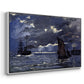 Angled view of A Seascape, Shipping by Moonlight, 1864 by Claude Monet in a white floater framed canvas.