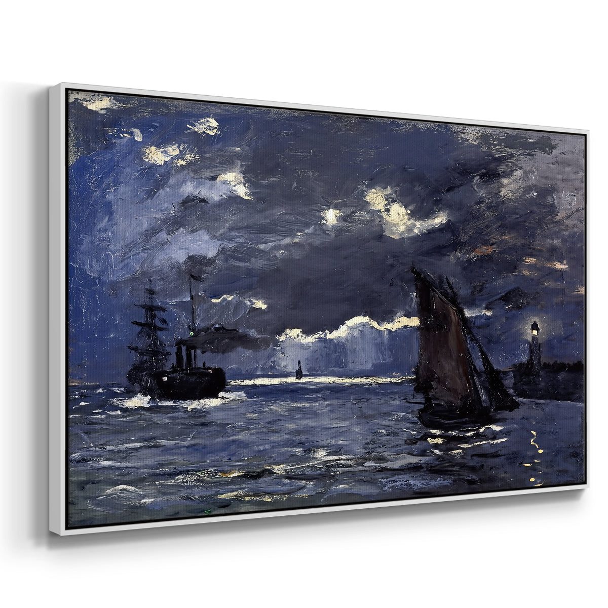 Angled view of A Seascape, Shipping by Moonlight, 1864 by Claude Monet in a white floater framed canvas.