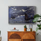 A Seascape, Shipping by Moonlight, 1864 by Claude Monet in a white floater framed canvas featuring ships on dark sea illuminated by moonlight under night sky, displayed above a wood console cabinet.
