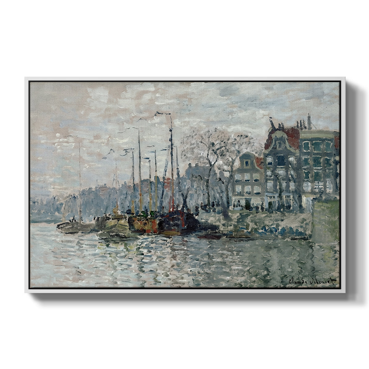 View of the Prins Hendrikkade and Kromme Waal in Amsterdam, 1874 by Claude Monet in a white floater framed canvas wall art display.