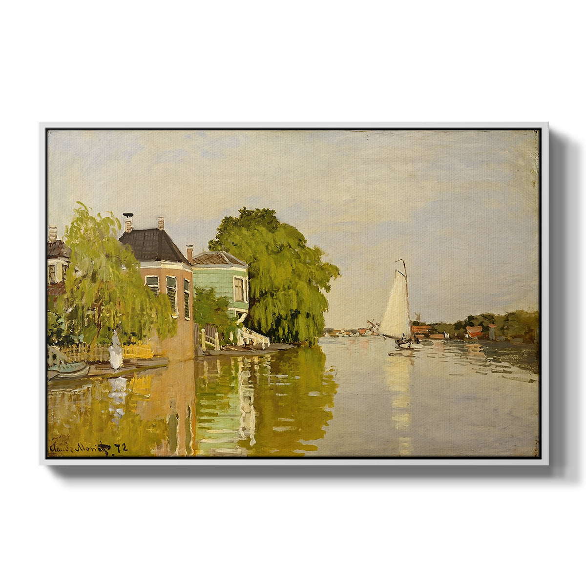 Houses on the Achterzaan, 1871 by Claude Monet in a white floater framed canvas wall art display.