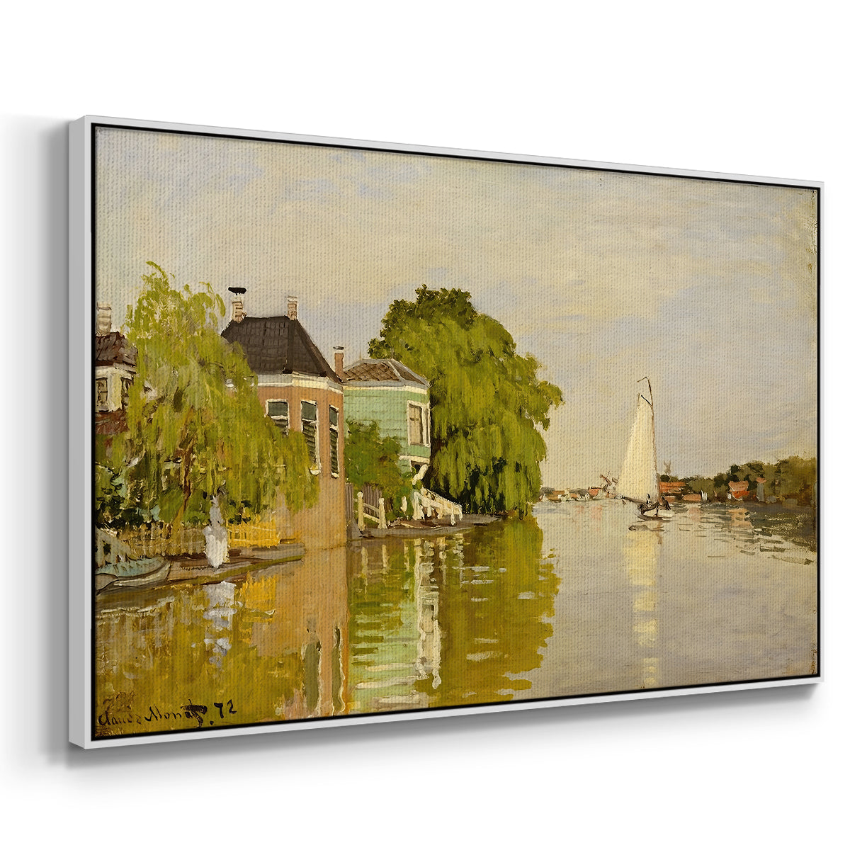 Angled view of Houses on the Achterzaan, 1871 by Claude Monet in a white floater framed canvas.