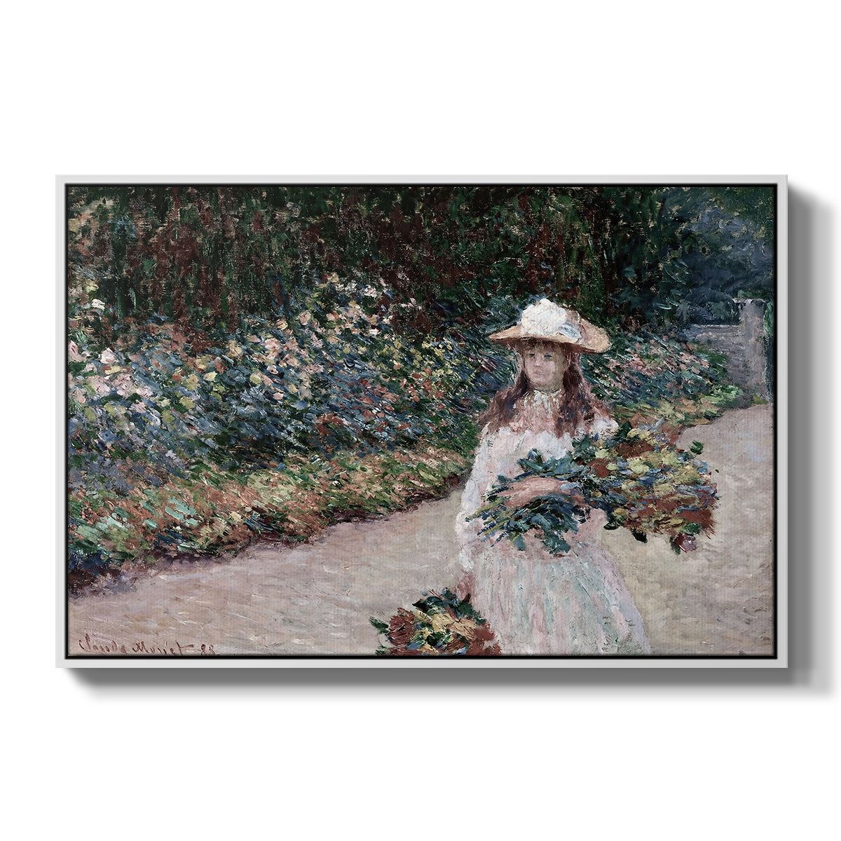 Young Girl in the Garden at Giverny, 1888 by Claude Monet in a white floater framed canvas wall art display.