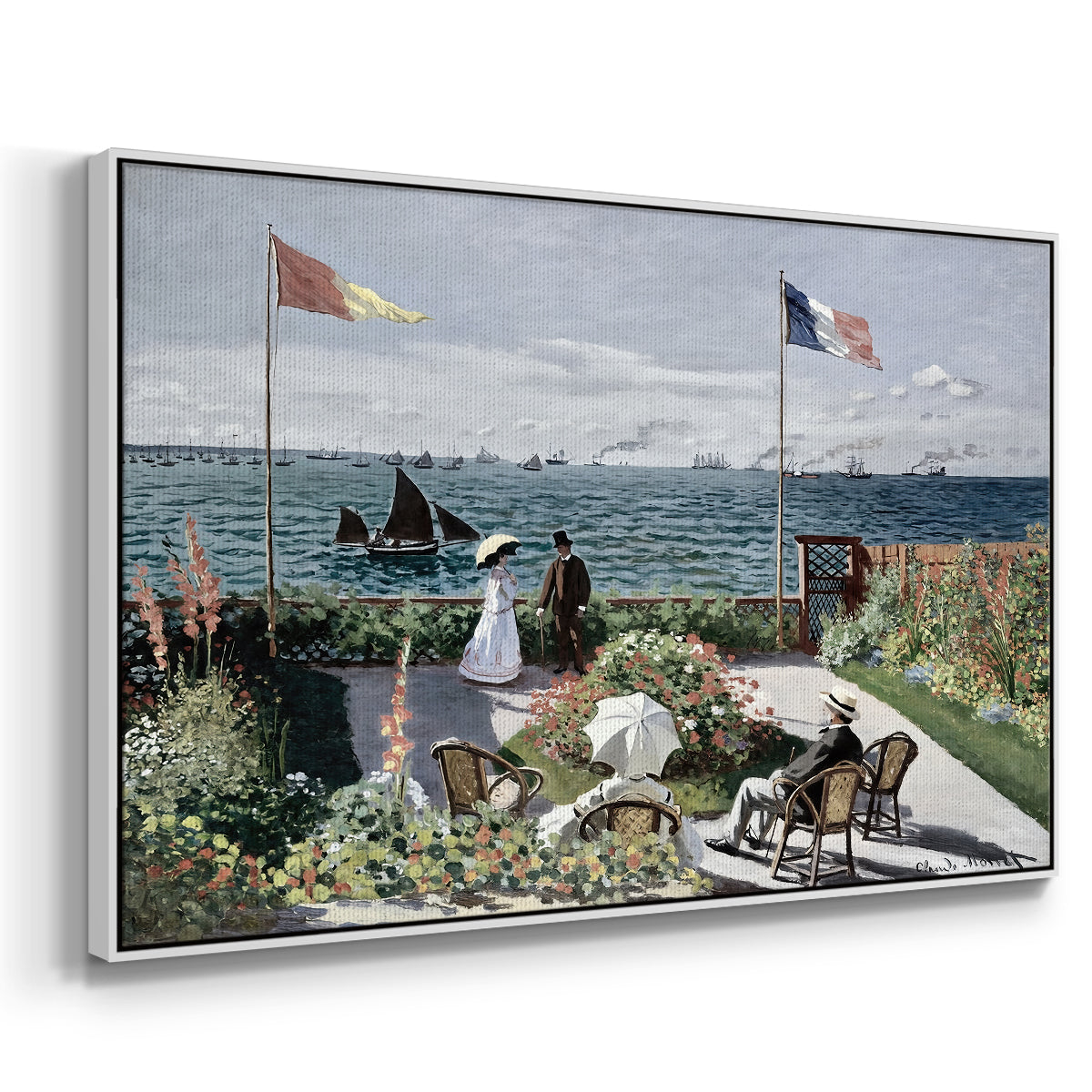 Angled view of Garden at Sainte-Adresse, 1867 by Claude Monet in a white floater framed canvas.