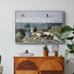 Garden at Sainte-Adresse, 1867 by Claude Monet in a white floater framed canvas featuring a seaside garden with flowers, flags, and figures overlooking the water, displayed above a wood console cabinet.