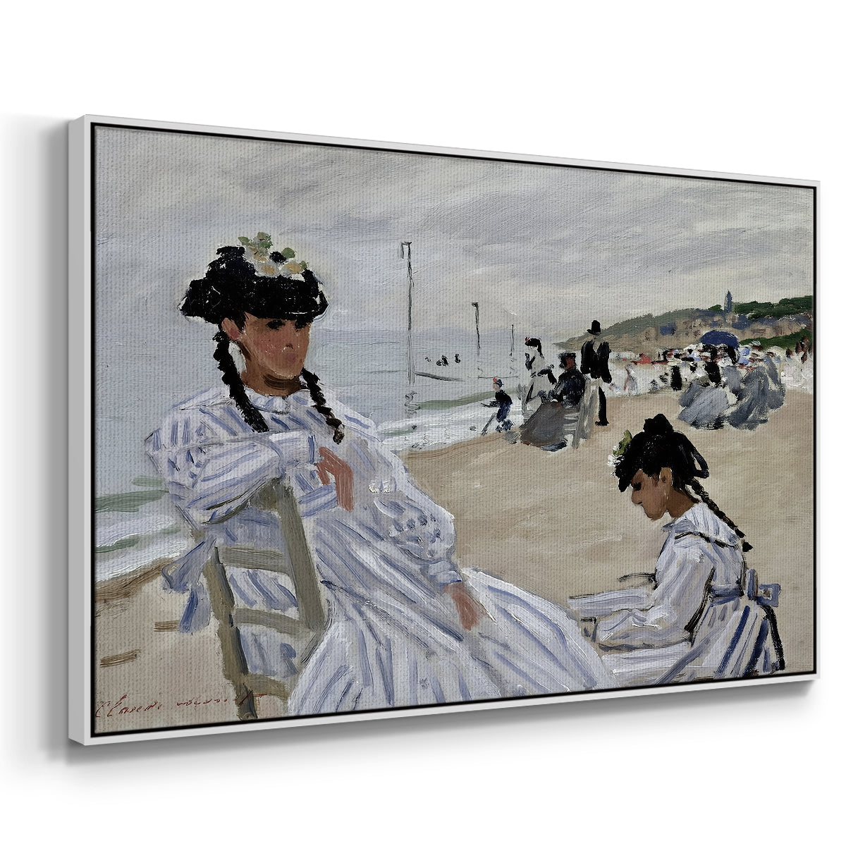 Angled view of On the Beach at Trouville, 1870 by Claude Monet in a white floater framed canvas.