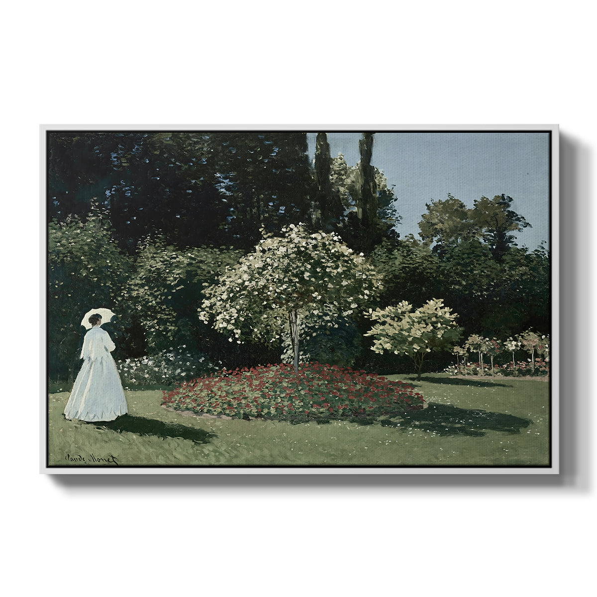 Woman in the Garden, Sainte-Adresse, 1867 by Claude Monet in a white floater framed canvas wall art display.