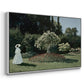 Angled view of Woman in the Garden, Sainte-Adresse, 1867 by Claude Monet in a white floater framed canvas.
