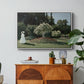 Woman in the Garden, Sainte-Adresse, 1867 by Claude Monet in a white floater framed canvas featuring a woman standing in garden surrounded by flowers and greenery, displayed above a wood console cabinet.