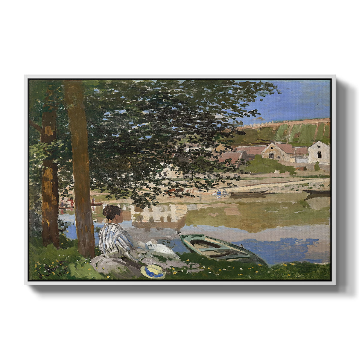 On the Bank of the Seine, Bennecourt, 1868 by Claude Monet in a white floater framed canvas wall art display.