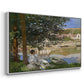 Angled view of On the Bank of the Seine, Bennecourt, 1868 by Claude Monet in a white floater framed canvas.