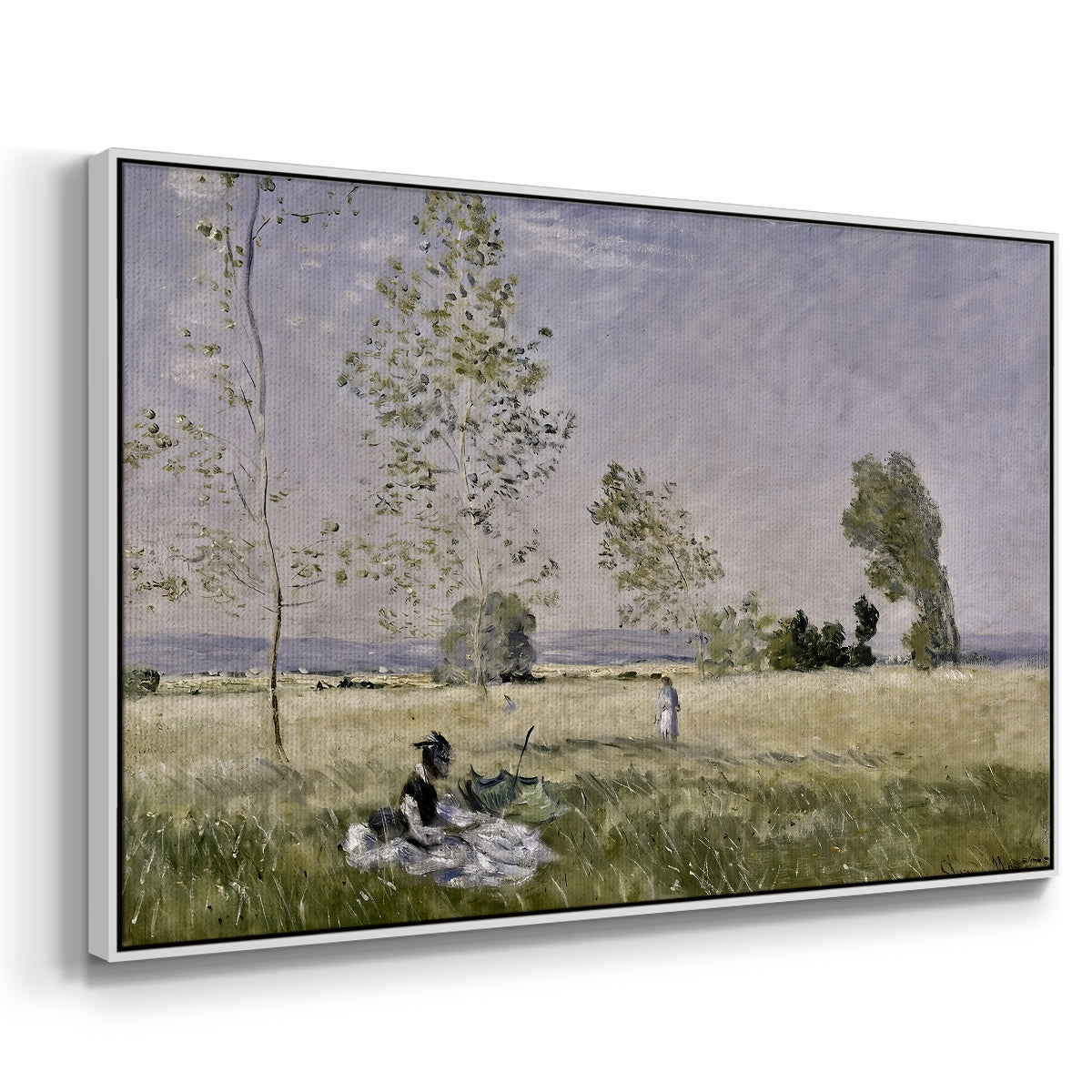 Angled view of Summer (L'ete), 1874 by Claude Monet in a white floater framed canvas.
