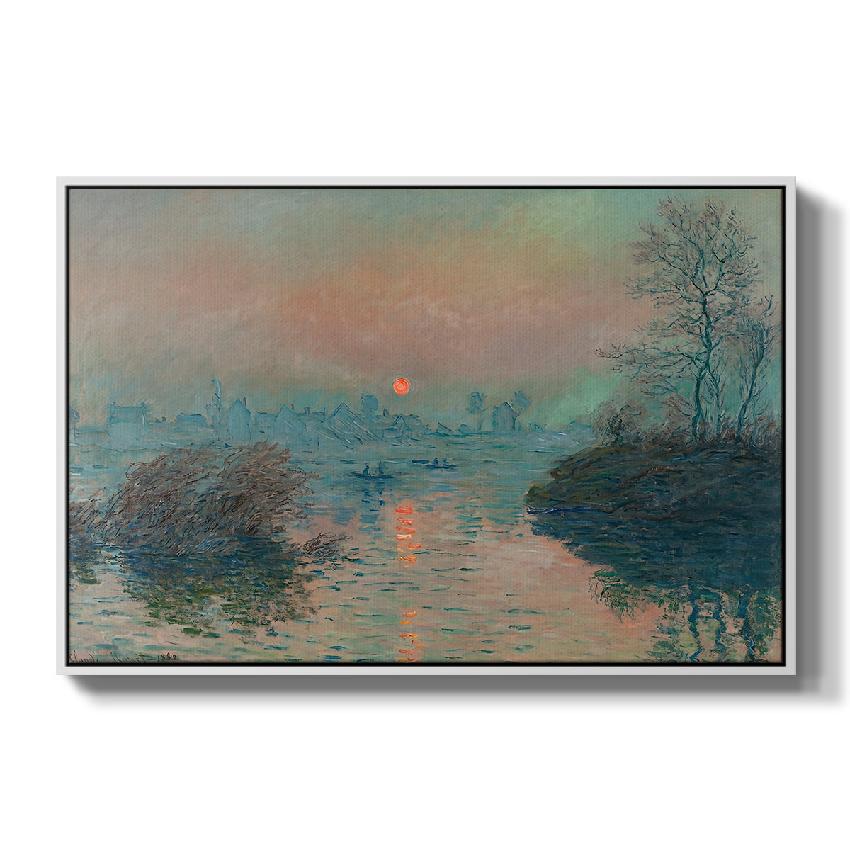 Sunset on the Seine at Lavacourt, Winter Effect, 1880 by Claude Monet in a white floater framed canvas wall art display.