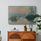 Sunset on the Seine at Lavacourt, Winter Effect, 1880 by Claude Monet in a white floater framed canvas featuring a glowing sunset over snowy river landscape with soft reflections, displayed above a wood console cabinet.