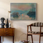 Sunset on the Seine at Lavacourt, Winter Effect, 1880 by Claude Monet as a white floater framed canvas featuring an impressionist view of river at sunset with snowy banks, styled above a mid-century console in a contemporary living area.