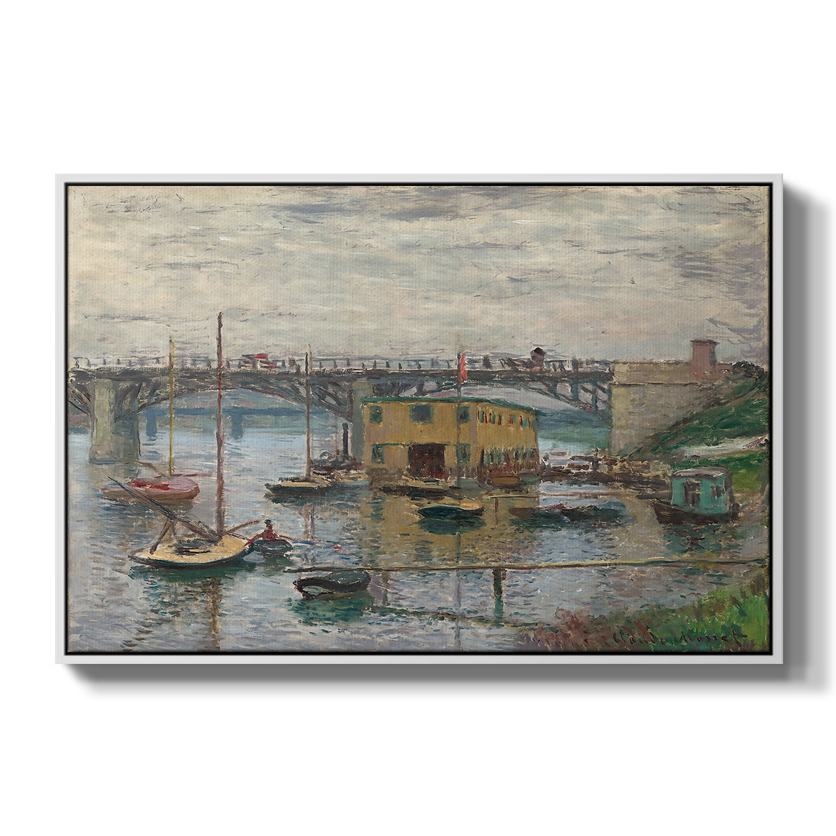 Bridge at Argenteuil on a Gray Day, c. 1876 by Claude Monet in a white floater framed canvas wall art display.