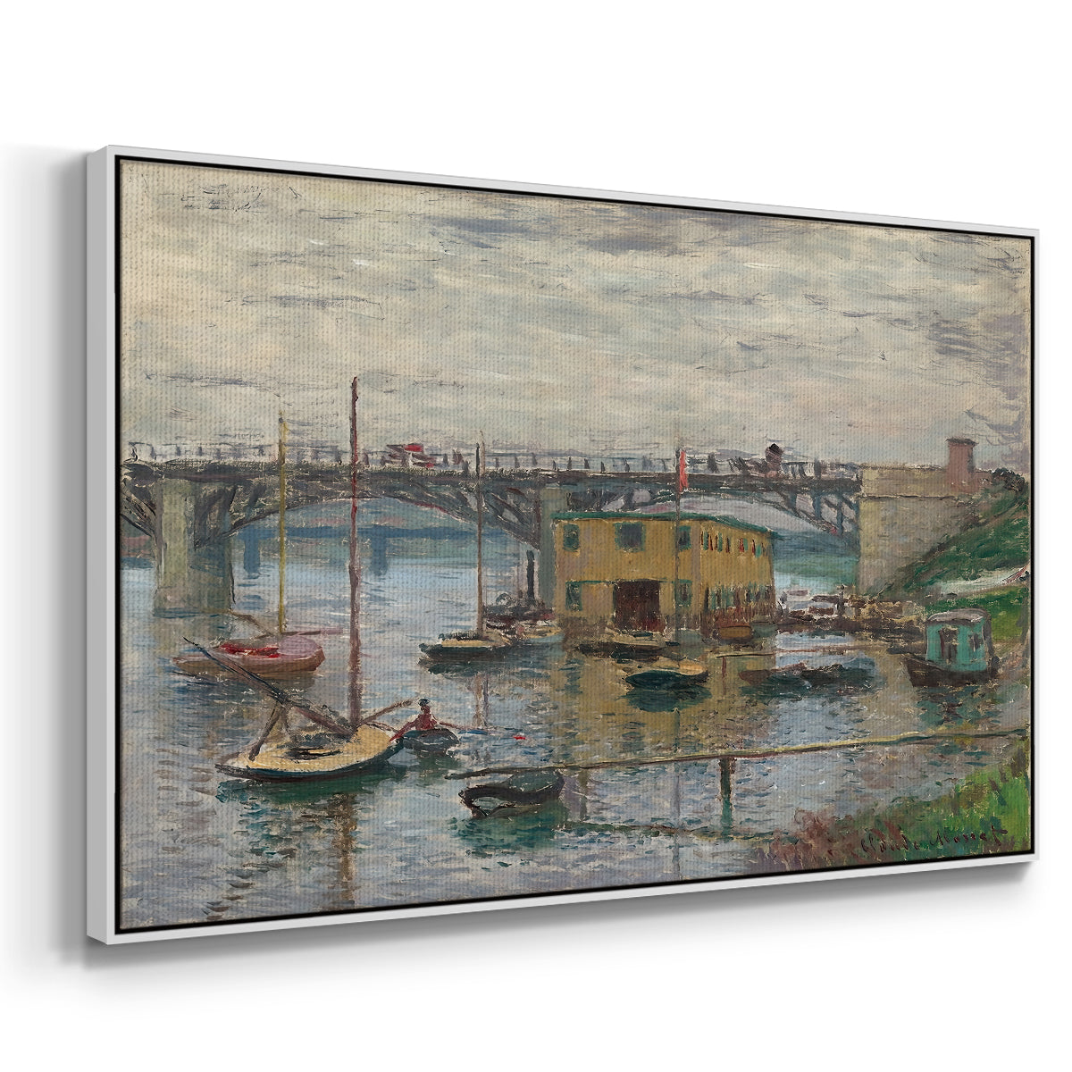Angled view of Bridge at Argenteuil on a Gray Day, c. 1876 by Claude Monet in a white floater framed canvas.