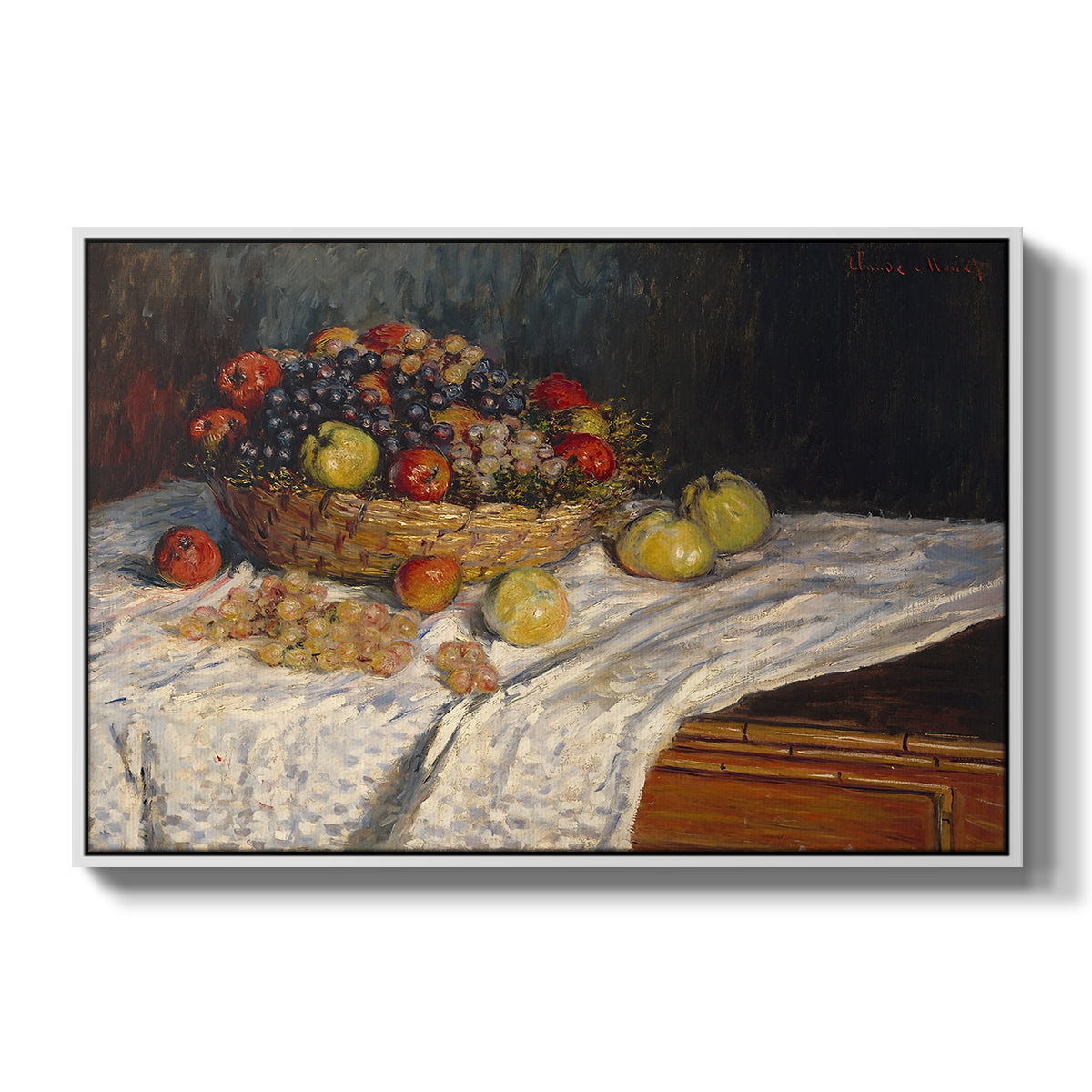 Still Life with Apples and Grapes, 1880 by Claude Monet in a white floater framed canvas wall art display.