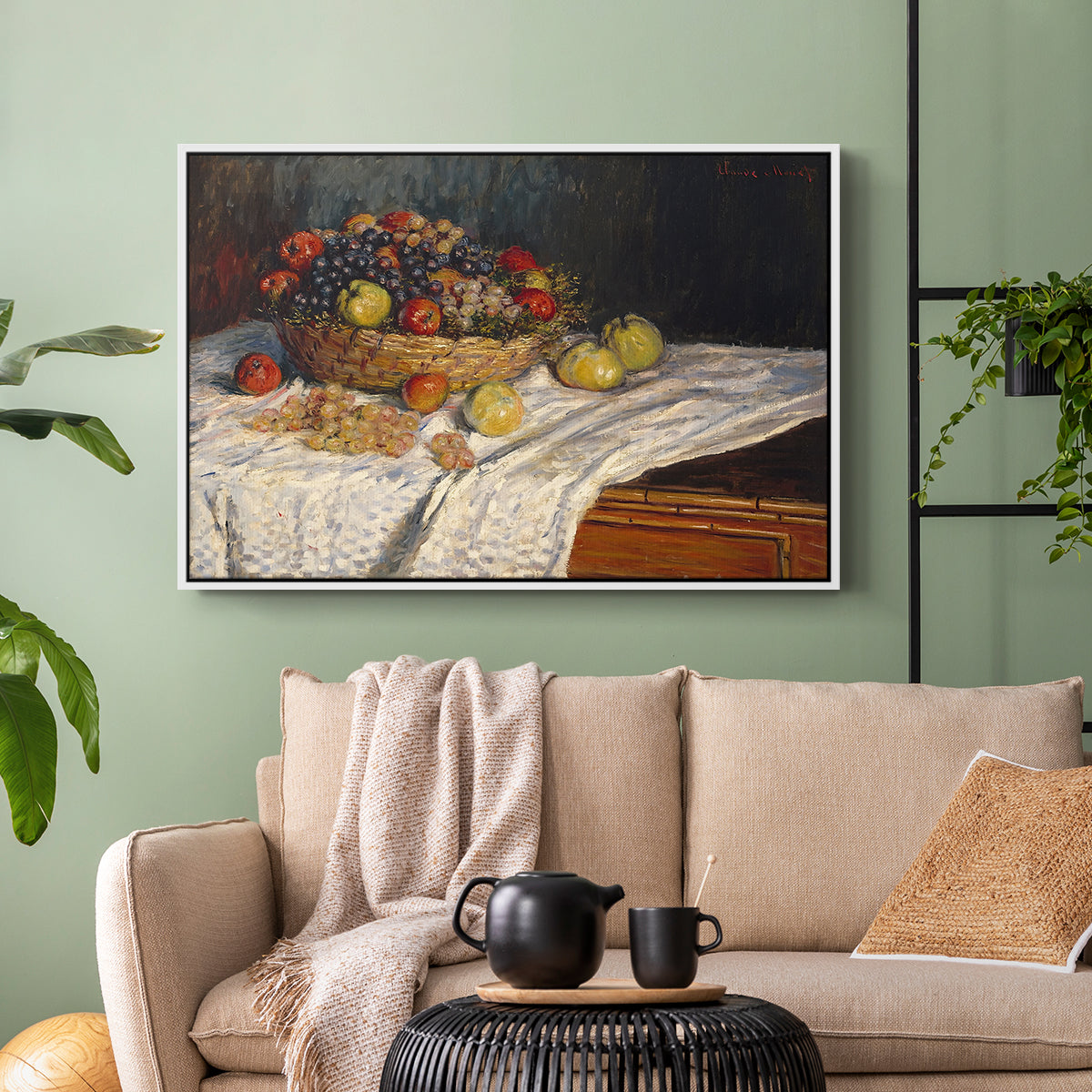 White floater framed canvas featuring a tabletop composition with fruit and subtle shadows, displayed above a sofa in a modern living room.