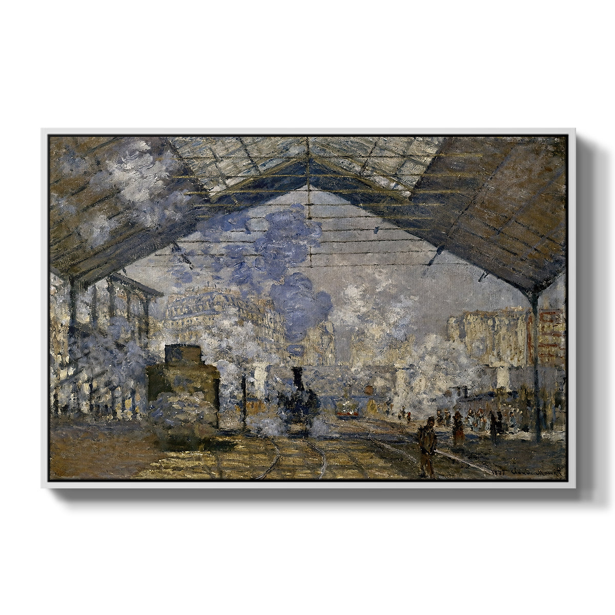 The Gare Saint-Lazare, 1877 by Claude Monet in a white floater framed canvas wall art display.