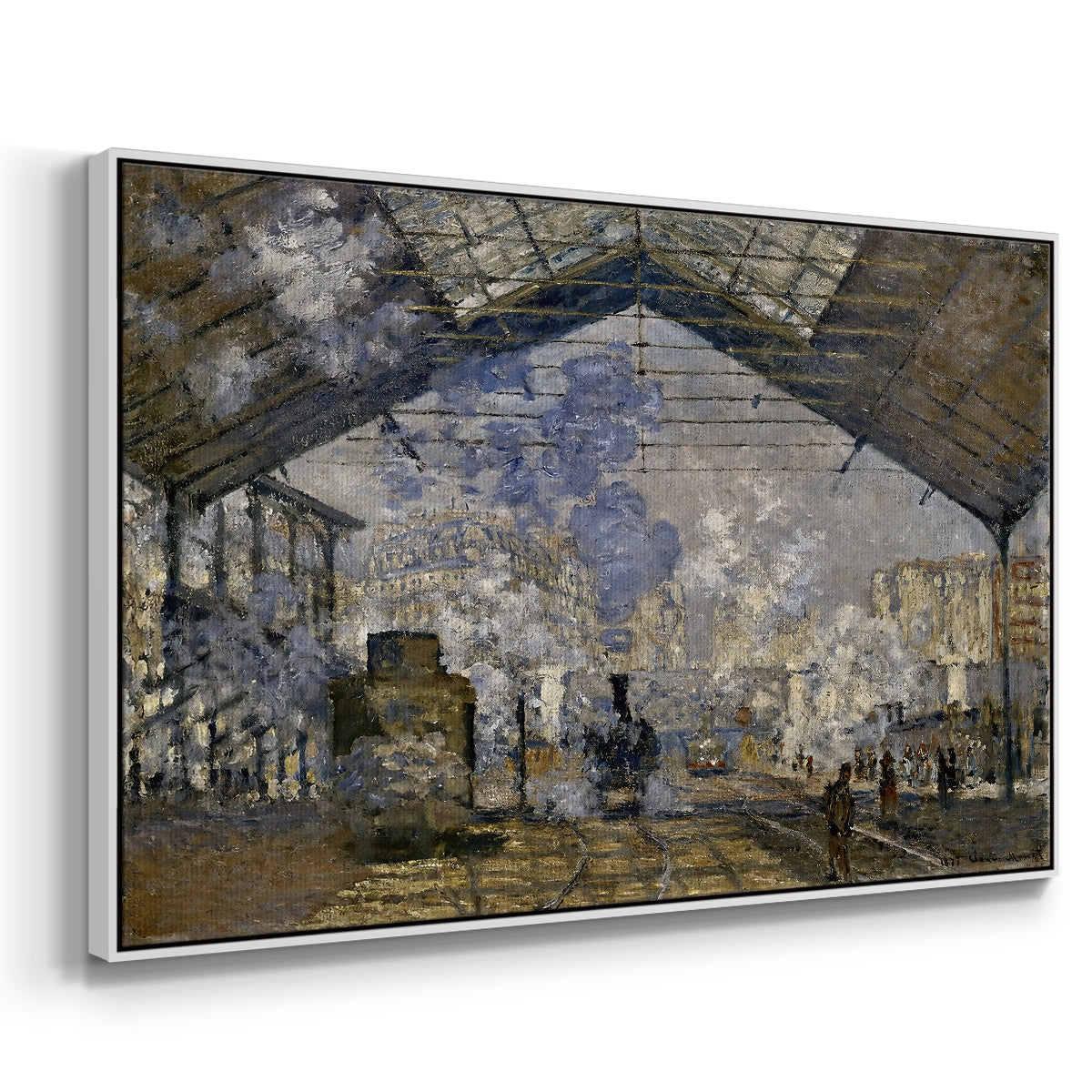 Angled view of The Gare Saint-Lazare, 1877 by Claude Monet in a white floater framed canvas.