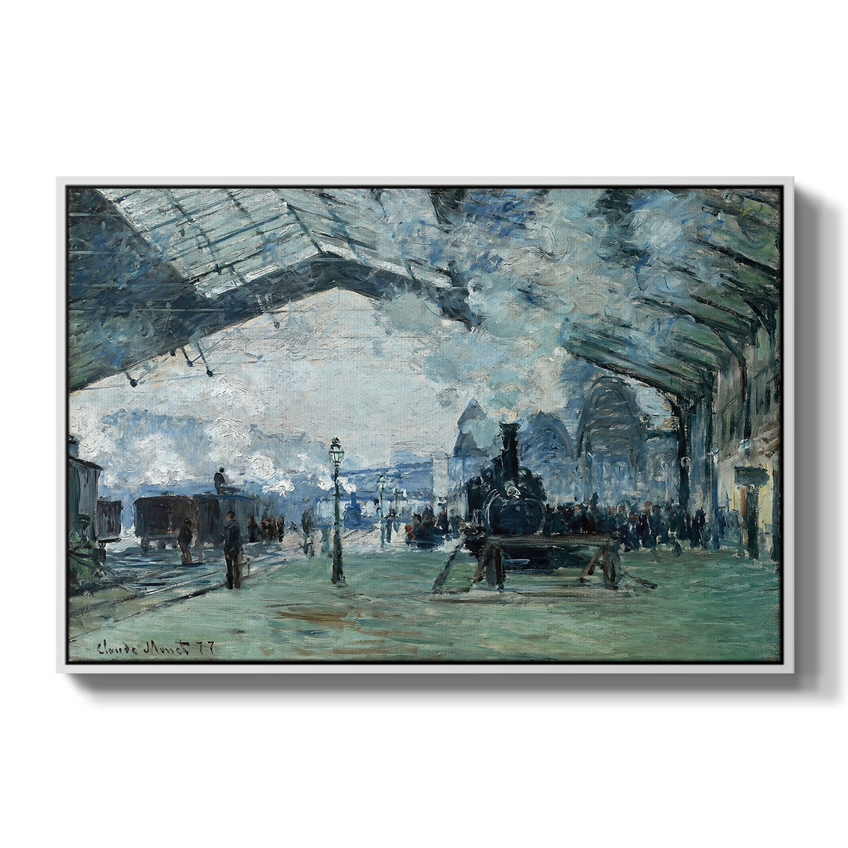 The Saint-Lazare Station, 1877 by Claude Monet in a white floater framed canvas wall art display.