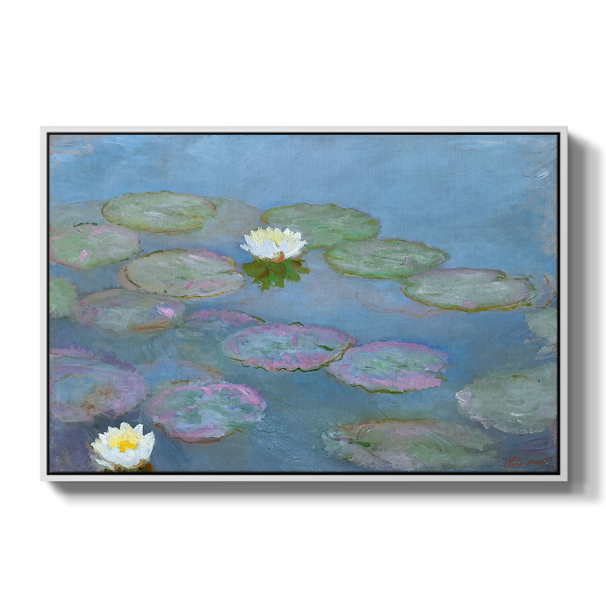 Water Lilies (Nymphéas), 1897-1899 by Claude Monet in a white floater framed canvas wall art display.