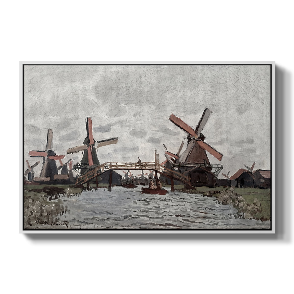 Windmills near Zaandam, 1871 by Claude Monet in a white floater framed canvas wall art display.