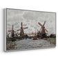 Angled view of Windmills near Zaandam, 1871 by Claude Monet in a white floater framed canvas.