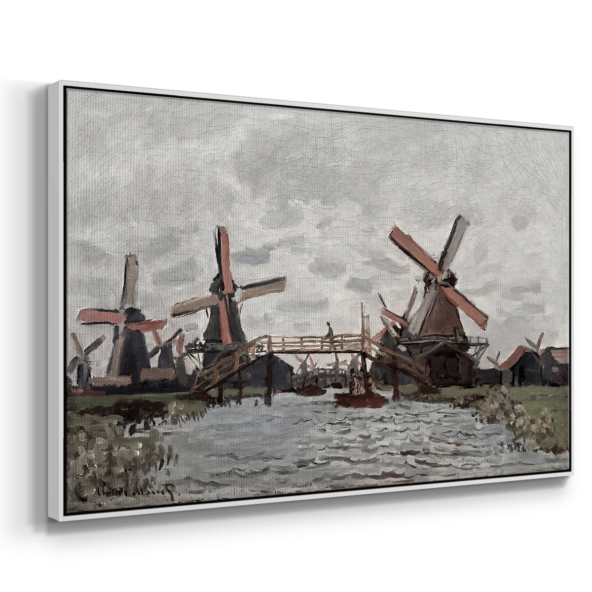 Angled view of Windmills near Zaandam, 1871 by Claude Monet in a white floater framed canvas.