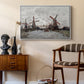 Windmills near Zaandam, 1871 by Claude Monet as a white floater framed canvas featuring a countryside scene with traditional windmills and reflections, styled above a mid-century console in a contemporary living area.