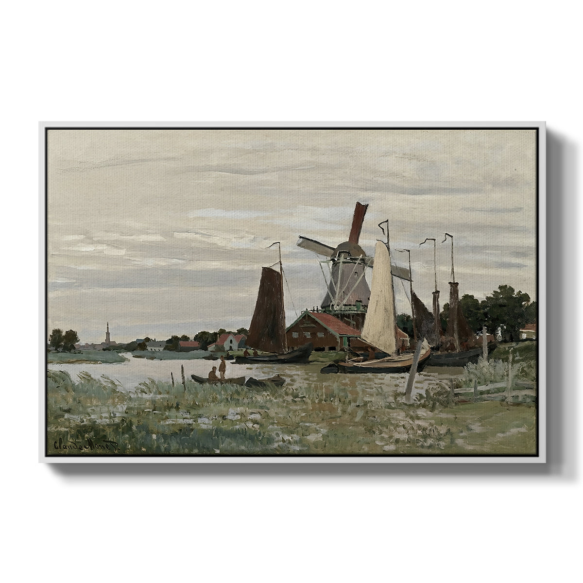 Windmill at Zaandam, 1871 by Claude Monet in a white floater framed canvas wall art display.