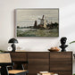 Windmill at Zaandam, 1871 by Claude Monet displayed in a white floater framed canvas above a dark wood credenza in an entryway.