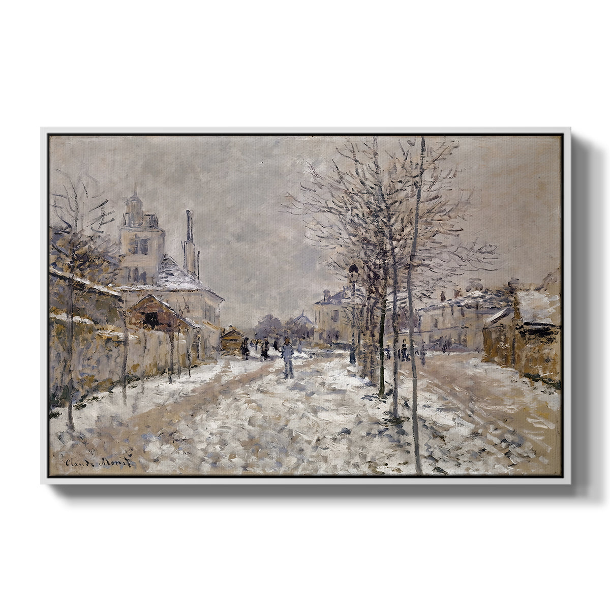 The Boulevard de Pontoise at Argenteuil, Snow Effect, 1875 by Claude Monet in a white floater framed canvas wall art display.