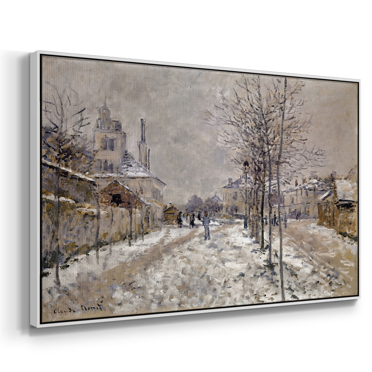 Angled view of The Boulevard de Pontoise at Argenteuil, Snow Effect, 1875 by Claude Monet in a white floater framed canvas.