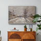 The Boulevard de Pontoise at Argenteuil, Snow Effect, 1875 by Claude Monet in a white floater framed canvas featuring a snow-covered street lined with trees and buildings under winter sky, displayed above a wood console cabinet.