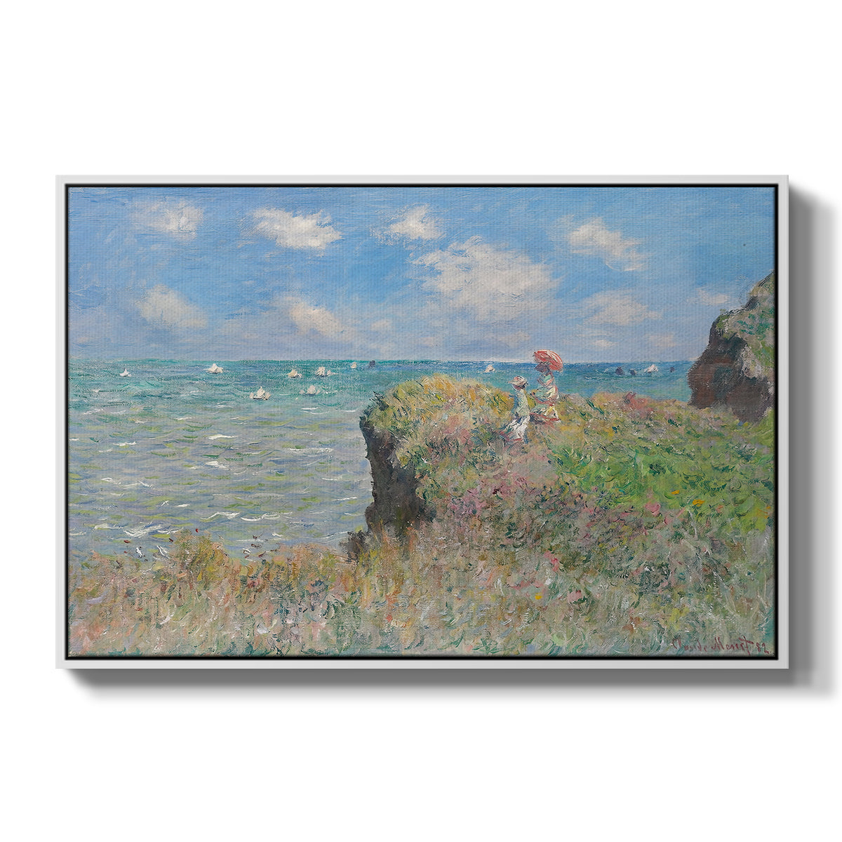 The Cliff Walk at Pourville, 1882 by Claude Monet in a white floater framed canvas wall art display.
